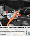 Close-up of engine bay with 33 Piece Car AC Valve Core Kit DIY Friendly With High And Low Pressure Caps Valve Stem Cores Removal Tool And R134A R12 Compatible AC Tools