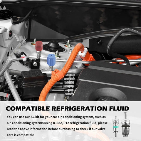 Close-up of engine bay with 33 Piece Car AC Valve Core Kit DIY Friendly With High And Low Pressure Caps Valve Stem Cores Removal Tool And R134A R12 Compatible AC Tools