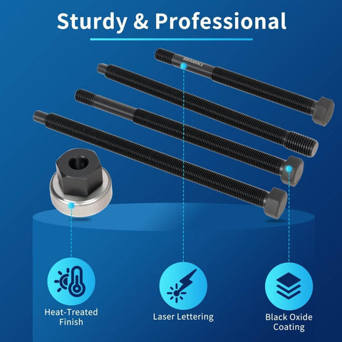 5Pcs Harmonic Balancer Installer Tool Set with black oxide coated rods and nut bearing assembly, showcasing sturdy design.