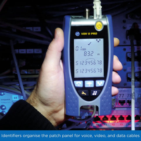 Hand holding a VDV II Pro device showing cable measurement in a network setup with focus on VDV II Series RJ45 Cable Identifiers Set Of 24 Plastic Numbered Patch Panel Labels For Quick Cable ID And Clean Organized Network Installations For Easy Team Labeling And Fast No Hassle Wiring.