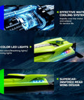 Beast 19 Inch Brushless RC Racing Boat for Adults with water-cooling, LED lights, and rear wing design on lake background.