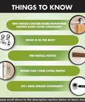 Graphic detailing info about Brushed Nickel Non Bypass Sliding Barn Door Hardware Kit For Two Doors, 11 Foot Flat Track With T Shape Rollers.