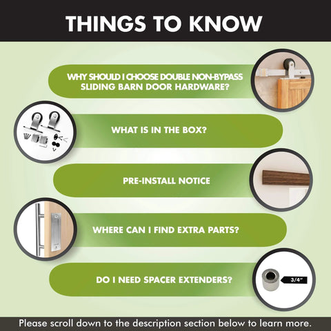 Graphic detailing info about Brushed Nickel Non Bypass Sliding Barn Door Hardware Kit For Two Doors, 11 Foot Flat Track With T Shape Rollers.