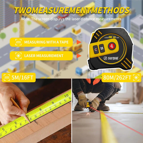 2-In-1 Laser Tape Measure With 262ft Range, Digital LCD Display, Rechargeable Handy Distance Tool showing two measurement methods