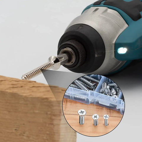 250G Self Tapping Screws Assortment Kit For Wood And Metal M3 M4 M5 shown with electric drill and screws close-up