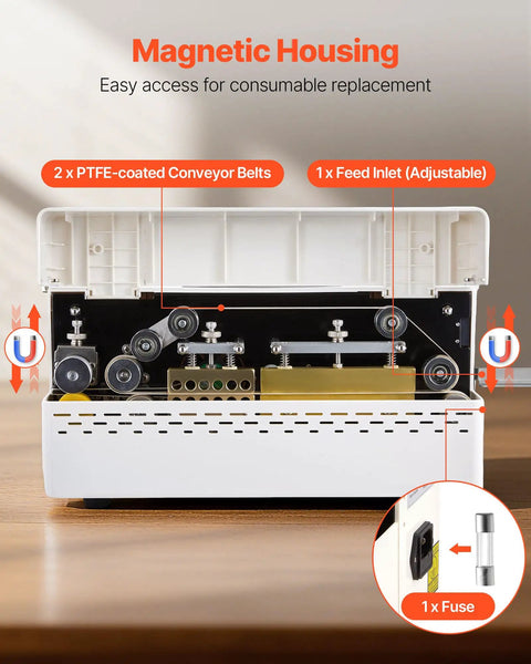 Internal view of Automatic Continuous Band Sealer For Plastic Bags, showcasing magnetic housing and conveyor belt components.