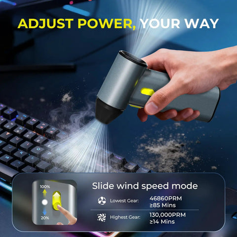 Person using Powerful 130000 RPM Turbo Brushless Air Duster with Aluminum Alloy Body for cleaning computer keyboard.