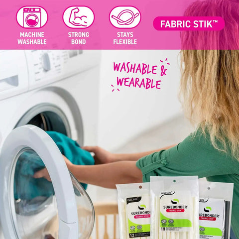 Woman placing laundry with White Mini Fabric Hot Glue Sticks 4 Inch Length Machine Washable Adhesive Great For Fabric