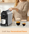 Top Tier Espresso Maker For Nes Pods With 20 Bar Italian Pump And One Touch Brewing 1400 Watt Automatic Coffee Brewer In Sleek Gray brewing espresso and lungo.