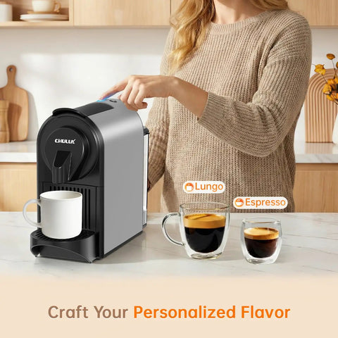 Top Tier Espresso Maker For Nes Pods With 20 Bar Italian Pump And One Touch Brewing 1400 Watt Automatic Coffee Brewer In Sleek Gray brewing espresso and lungo.
