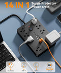 Beefed-Up Surge Protector Power Strip With Eight Outlets And Six USB Ports Including Two USB C Ports 1850W 15A 6FT Flat Plug Extension Cord ETL Listed For Home Office Dorm Room Black, top view