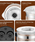 Six In One Electric Milk Frother With 17 Oz Capacity Dope Auto Warm And Cold Foam Maker, glass body and removable foam ring design.