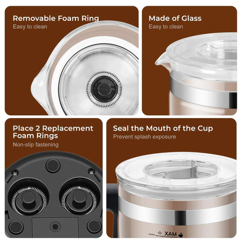 Six In One Electric Milk Frother With 17 Oz Capacity Dope Auto Warm And Cold Foam Maker, glass body and removable foam ring design.