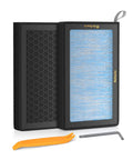 Tesla Model 3 And Model Y Cabin Air Filter Kit 2 Pack H13 HEPA With Premium Activated Carbon displayed with tools