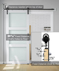 38 X 84 Inch Three Lite Frosted Glass and Wood Paneled Barn Door With Installation Hardware Kit for Modern Home Remodel, shown installed in a room.