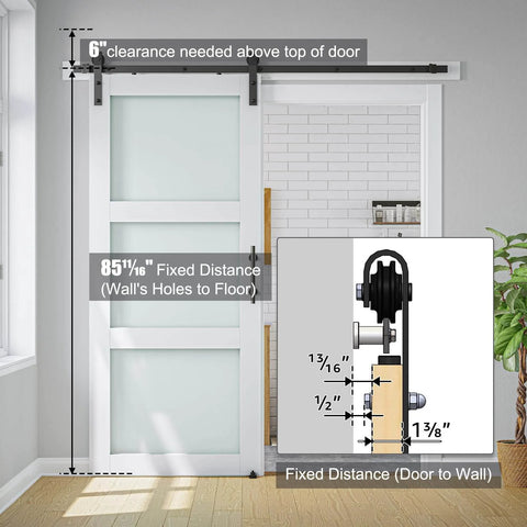 38 X 84 Inch Three Lite Frosted Glass and Wood Paneled Barn Door With Installation Hardware Kit for Modern Home Remodel, shown installed in a room.