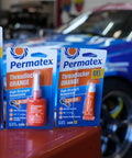Permatex Threadlocker Orange Gel packaging and 10 ml bottle, front view, high-strength removable