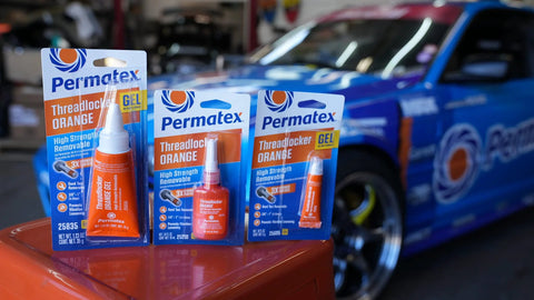 Permatex Threadlocker Orange Gel packaging and 10 ml bottle, front view, high-strength removable