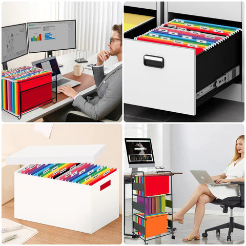 Bigtime Value 12 Pack Hanging File Folders Letter Size Featuring Adjustable Tabs, organized in a modern office setting.