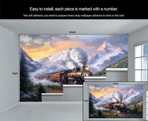 Epic Steam Train Wall Mural With 3D Mountain Landscape in Living Room, Large 169.3 W x 118.2 H Inches Silk Cloth Wallpaper
