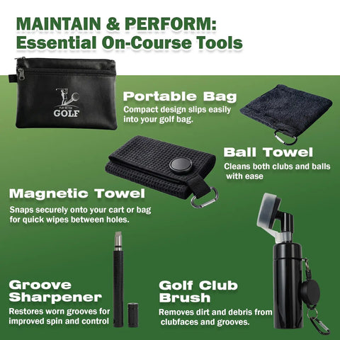 8 In 1 Golf Club Care Kit For Shine And Rust Removal With Cleaner, Brush, Groove Sharpener, Grip Cleaner, Polish, Magnetic Towel, Ball Towel, And Portable Bag Built For Pro Grade Club Cleaning portable bag, towels, brush, and sharpener