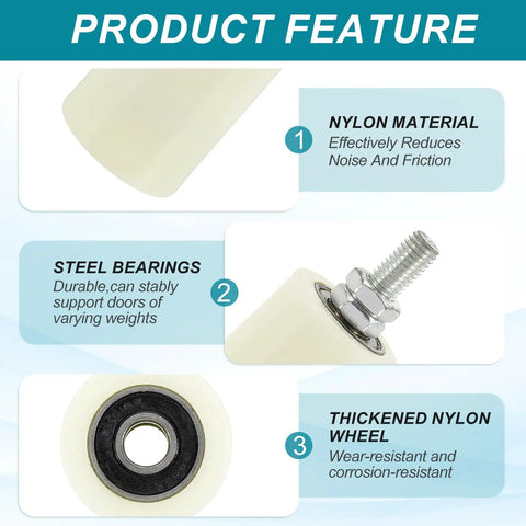 Universal Adjustable Heavy Duty Sliding Gate Guide Roller Kit With L Bracket, nylon material, steel bearings, thickened nylon wheel