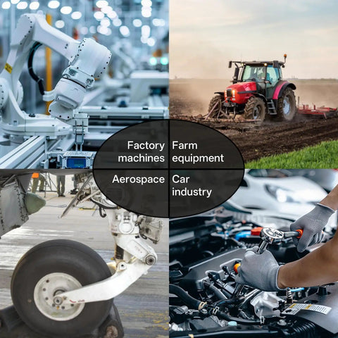 Image showing factory machines, farm equipment, aerospace, and car industry highlighting their applications in engineering.