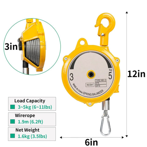 Front and side view of Heavy Duty Pro Grade Spring Balancer Tool With Adjustable Tension Retractable Steel Wire Cable For Garage And Workshop 3 To 5 Kg Capacity Seven To Eleven Pounds Hanging Equipment Fixture Keeps Your Tools Lifting Smooth And Safe with 1.9m steel cable.
