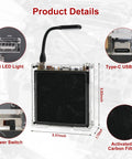 DIY Solder Fume Extractor Kit With LED Light And Filters showing product details with dimensions and USB port features.