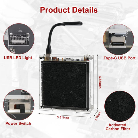 DIY Solder Fume Extractor Kit With LED Light And Filters showing product details with dimensions and USB port features.