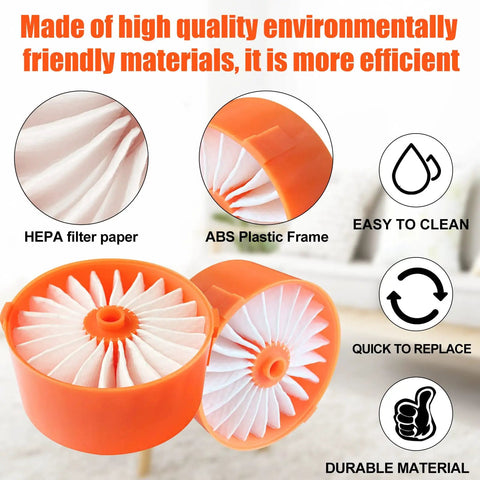 Four Pack Replacement Vacuum Filter Elements For Powerseries Extreme Cordless Stick Vacuum BSV2020G And BSV2020P Compatible With Craftsman Filters N858184 Easy Snap In Fit Built To Last showing orange plastic frame and white filter paper