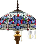 Dragonfly Blue Tiffany Style Floor Lamp stained glass shade detail with two LED bulbs, bronze resin base not visible