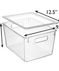 X Large Plastic Storage Bins With Lids For Kitchen Pantry Refrigerator Organization, clear bin with lid and measurements.