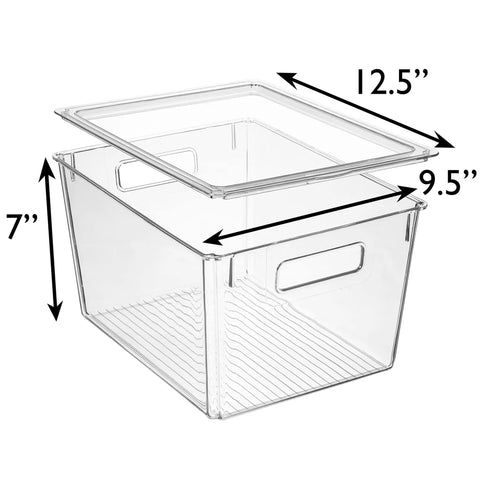 X Large Plastic Storage Bins With Lids For Kitchen Pantry Refrigerator Organization, clear bin with lid and measurements.