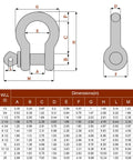 Dimensions chart for Heavy Duty Five Eighth Inch D Ring Shackles Three Point Two Five Ton Working Load Limit Clevis Shackle