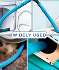 Collage showing All Purpose Dryer Vent Cleaning Kit With Vacuum Hose Attachment For Most Vacuums in various uses