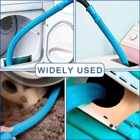 Collage showing All Purpose Dryer Vent Cleaning Kit With Vacuum Hose Attachment For Most Vacuums in various uses