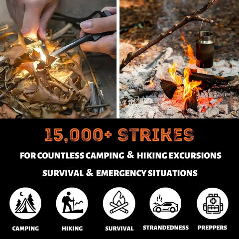 Go-To Survival Fire Starter Kit With Flint And Steel 4 Inch Magnesium Ferro Rod in use for lighting campfires outdoors.