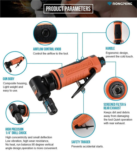 Badass One Quarter Inch Air Angle Die Grinder With Nimble Ergonomic Handle And Reliable Safety Trigger For Rock Solid Metal Polish and Swift Precision Cuts At Twenty Thousand Rpm Shop Ready - Features airflow control knob and ergonomic design.