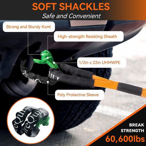 Kinetic Recovery Rope 1.26 Inch By 30 Ft Heavy Duty Offroad Snatch Strap Kit With 2 Soft Shackles 55000 Lb Breaking Strength