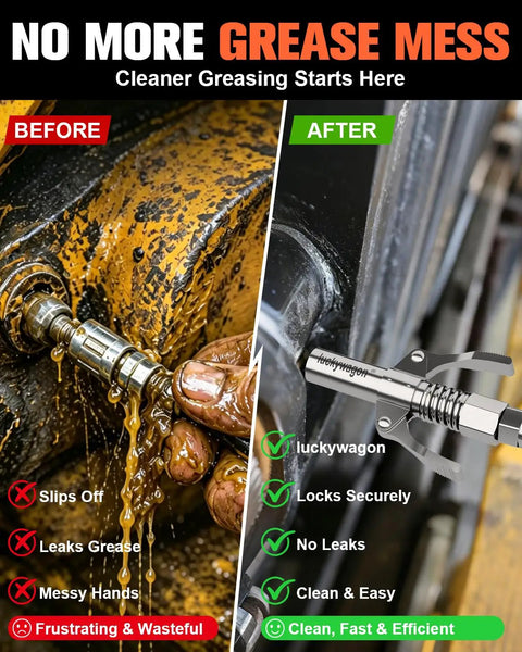 Comparison of Heavy Duty 12 Inch Flexible Grease Hose Kit With 6 Jaw Quick Lock Coupler, showing before and after leakage prevention