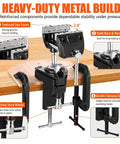 Heavy Duty 360 Degree Swivel Bench Gun Vise With Dual Table Clamps And No Sweat Zero Drill Mounting for secure workshop use.