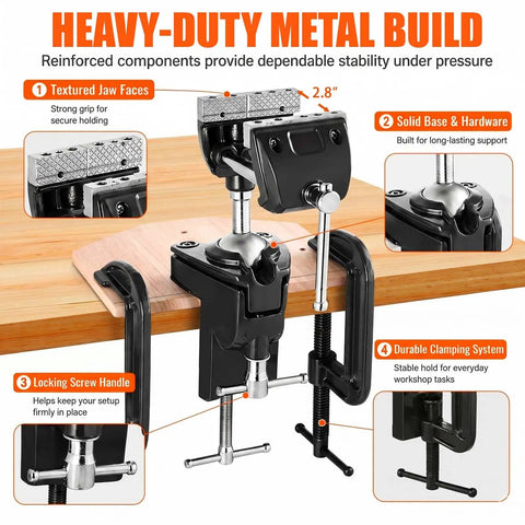 Heavy Duty 360 Degree Swivel Bench Gun Vise With Dual Table Clamps And No Sweat Zero Drill Mounting for secure workshop use.