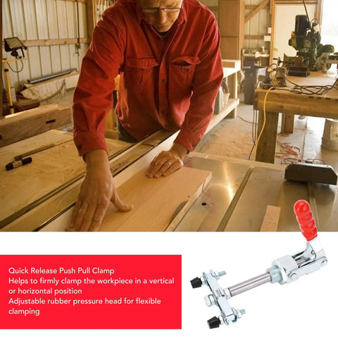 Woodworker aligning board with Push Pull Clamp Head With 65.5 mm Stroke And 318 kg Clamping Force Quick Release Elbow Joint Vertical Toggle Clamp For Welding And Woodworking Heavy Duty Secure Hold Tool For Precise Positioning