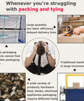 Image depicting struggles with packing and tying, highlighting inefficiencies in traditional packaging methods and tools.