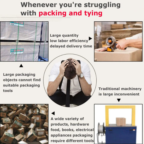 Image depicting struggles with packing and tying, highlighting inefficiencies in traditional packaging methods and tools.