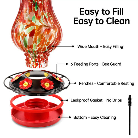 Solar Powered Hummingbird Feeder With 25 Oz Nectar Capacity Hand Blown Glass 6 Feeding Ports Moat Outdoor Hanging Color Changing LED Night Light Large Capacity Garden Decor showing exploded view of components.