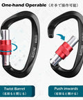 Heavy Duty Auto Locking Climbing Carabiners 25kN 5620 Lbs UIAA CE Certified, showing twist barrel and screw-lock gate detail.