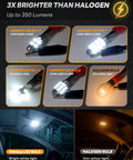Comparison of Loaded 48 Piece LED Interior Car Lights Kit bulbs with halogen bulb, highlighting brightness and color difference.