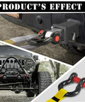 Two Pack 1/2 Inch D Ring Shackles With 5/8 Inch Screw Pins For Tow Straps, Winches, And Off Road Recovery, Heavy Duty Steel, Black And Red in use on vehicle